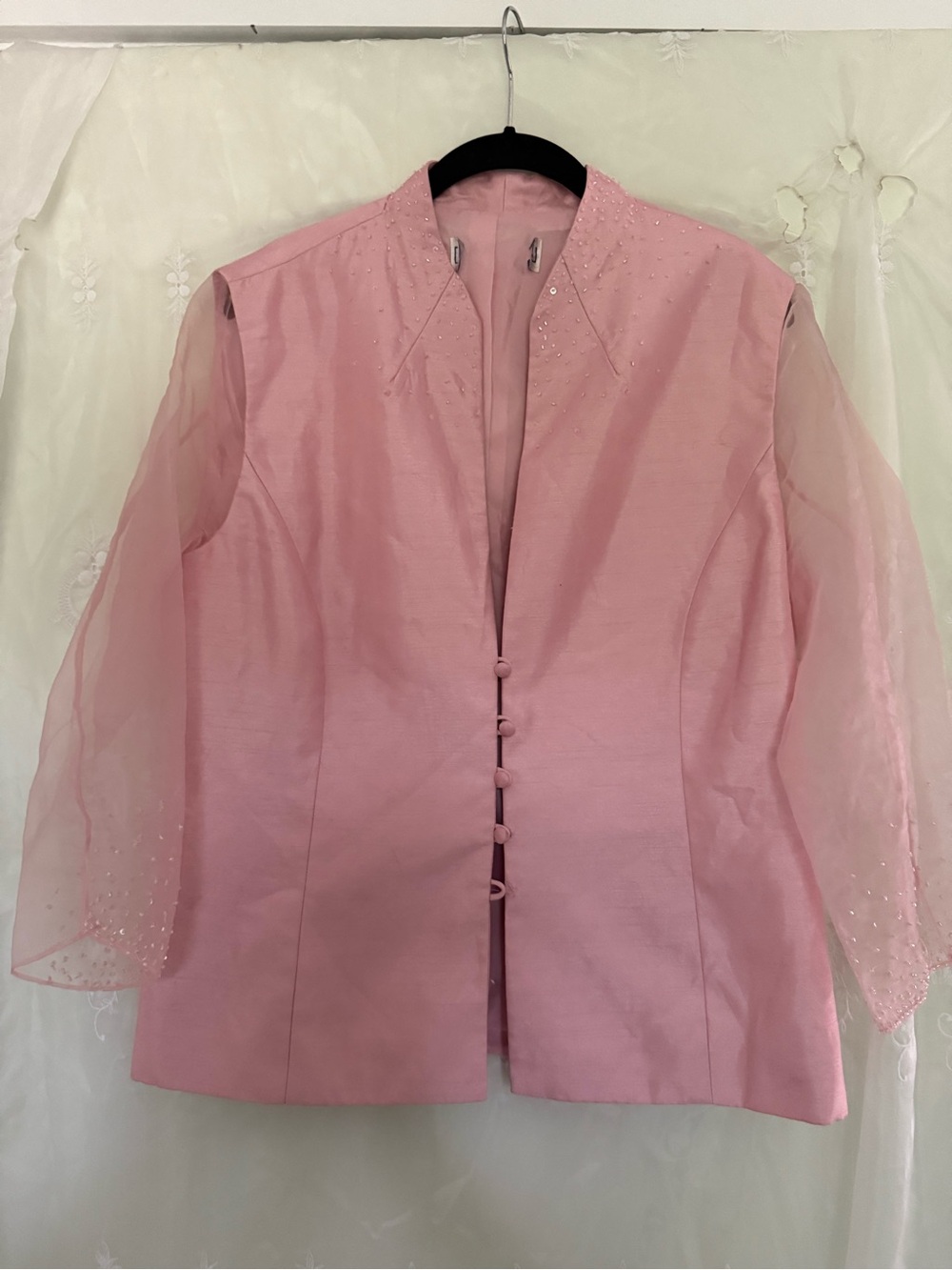 Source Unknown Pink Vintage Beaded Organza Sleeve Blazer